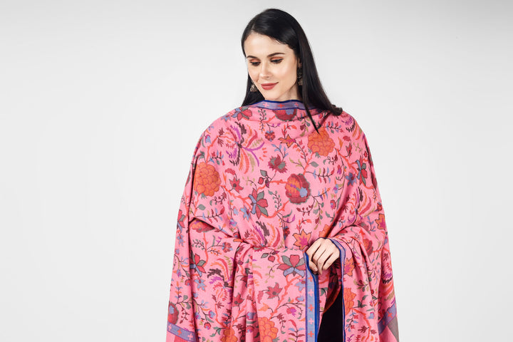 "KANI SHAWL - Blooming Almond Blossoms Designed Directly on a Pink Pashmina Shawl in Kani Pattern online available at - ITALY, SPAIN, SWITZERLAND, SOUTH AFRICA, NEW ZEALAND, SINGAPORE, MALAYSIA, CHINA, ARGENTINA, MEXICO."