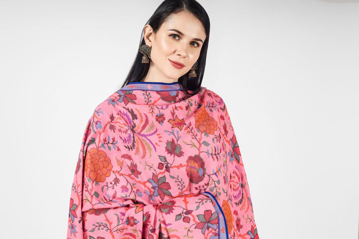 "KANI SHAWL - Blooming Almond Blossoms Designed Directly on a Pink Pashmina Shawl in Kani Pattern online available at - ITALY, SPAIN, SWITZERLAND, SOUTH AFRICA, NEW ZEALAND, SINGAPORE, MALAYSIA, CHINA, ARGENTINA, MEXICO."