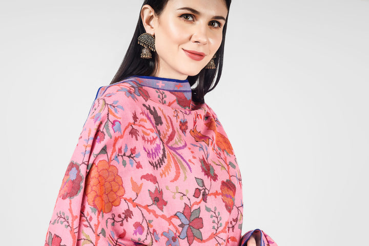 "KANI SHAWL - Blooming Almond Blossoms Designed Directly on a Pink Pashmina Shawl in Kani Pattern online available at - ITALY, SPAIN, SWITZERLAND, SOUTH AFRICA, NEW ZEALAND, SINGAPORE, MALAYSIA, CHINA, ARGENTINA, MEXICO."