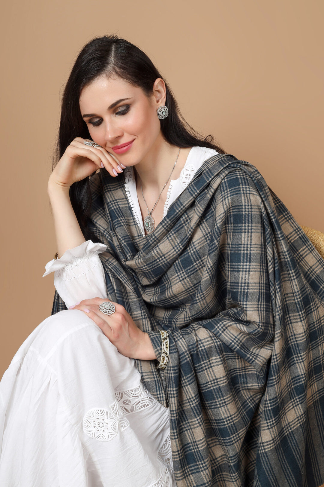 INDIA -  Pashmina Gray Blue Check Shawl