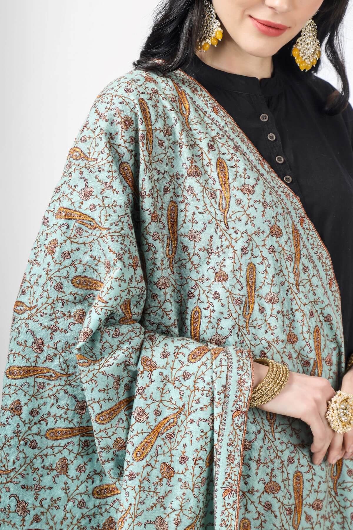 Turquoise Pashmina Jaldaar  silk Embroidered Shawl