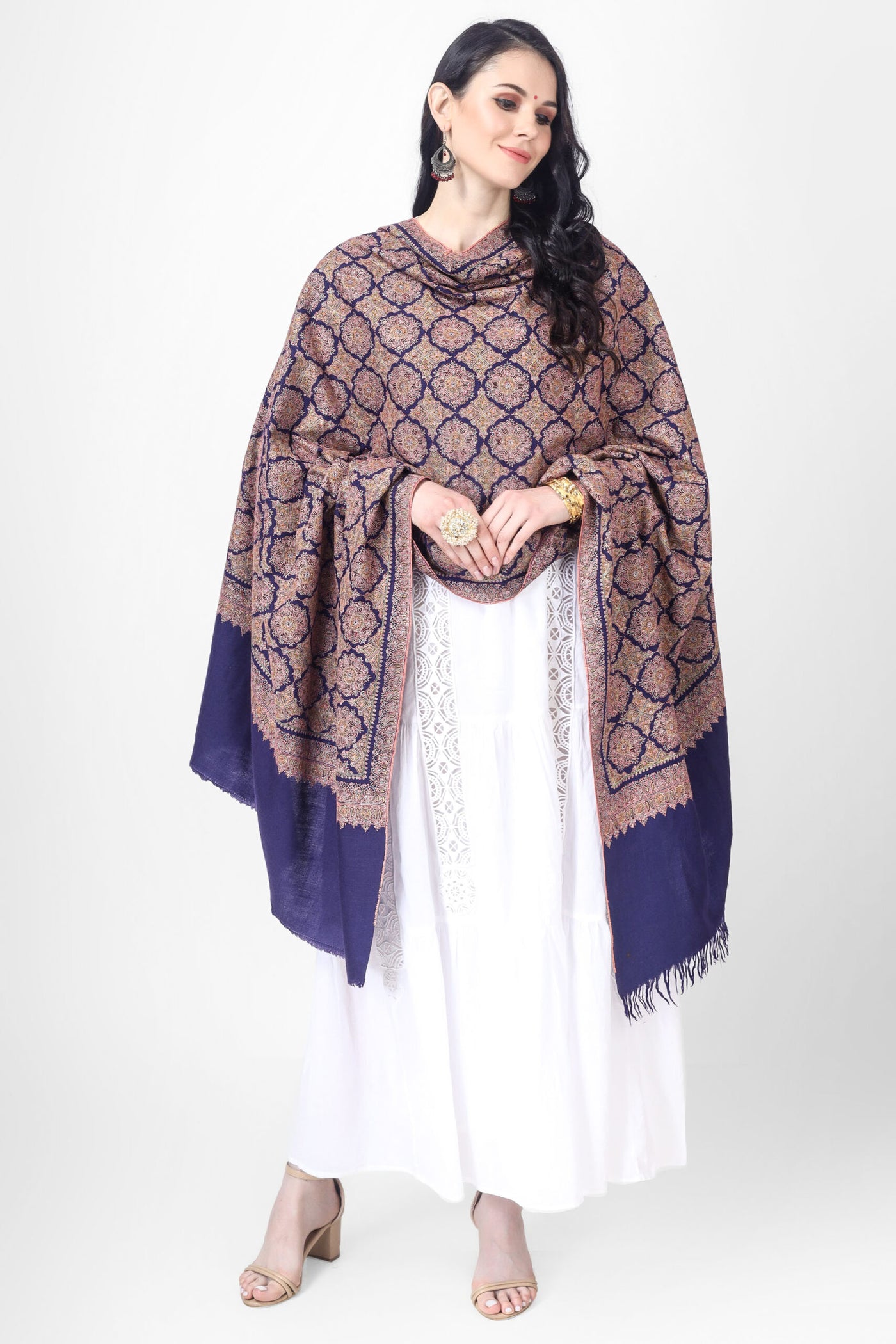 A Royal Blue Pashmina Sozni Jama Reshimkar Shawl is a luxurious handwoven shawl made from high-quality Pashmina fabric 