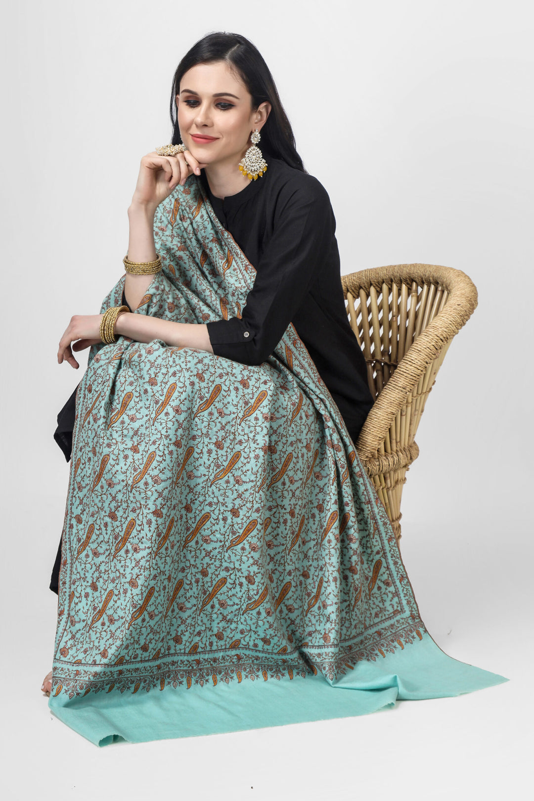 Turquoise Pashmina Jaldaar  silk Embroidered Shawl