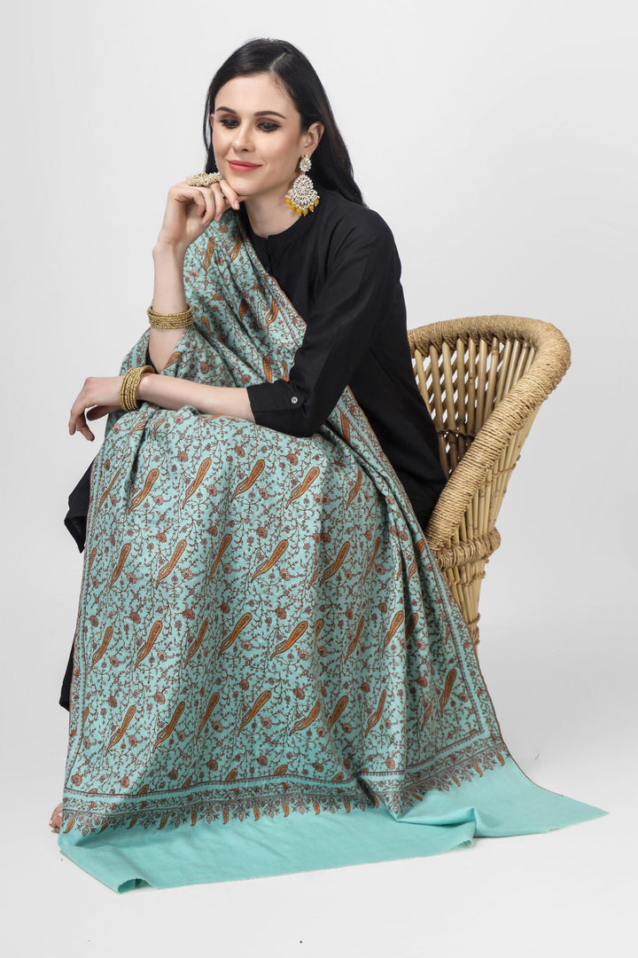 Turquoise Pashmina Jaldaar  silk Embroidered Shawl