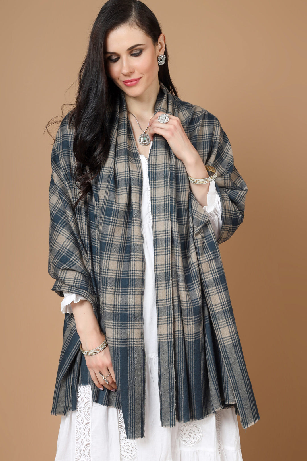 INDIA -  Pashmina Gray Blue Check Shawl