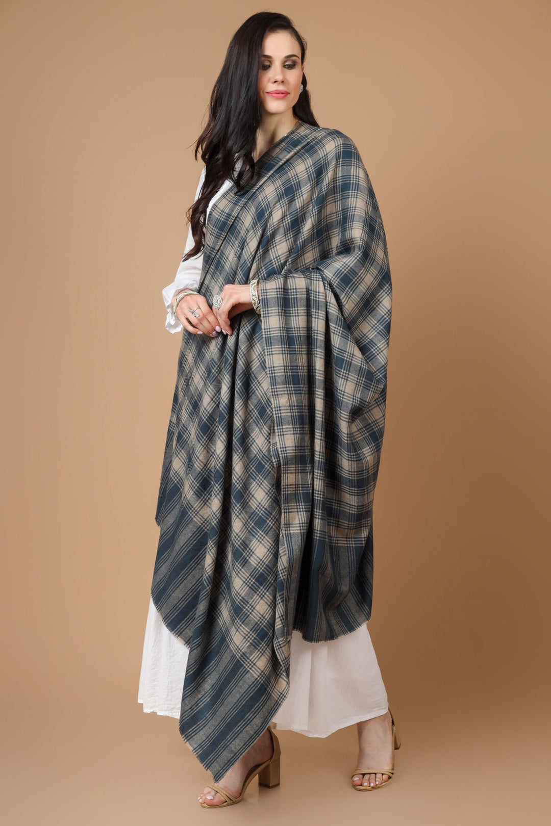 INDIA -  Pashmina Gray Blue Check Shawl