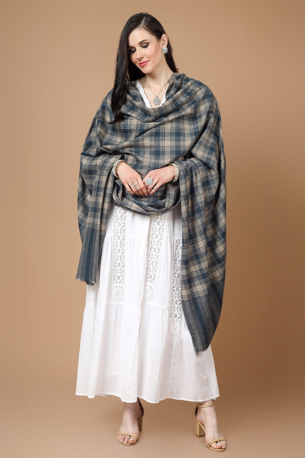 INDIA -  Pashmina Gray Blue Check Shawl