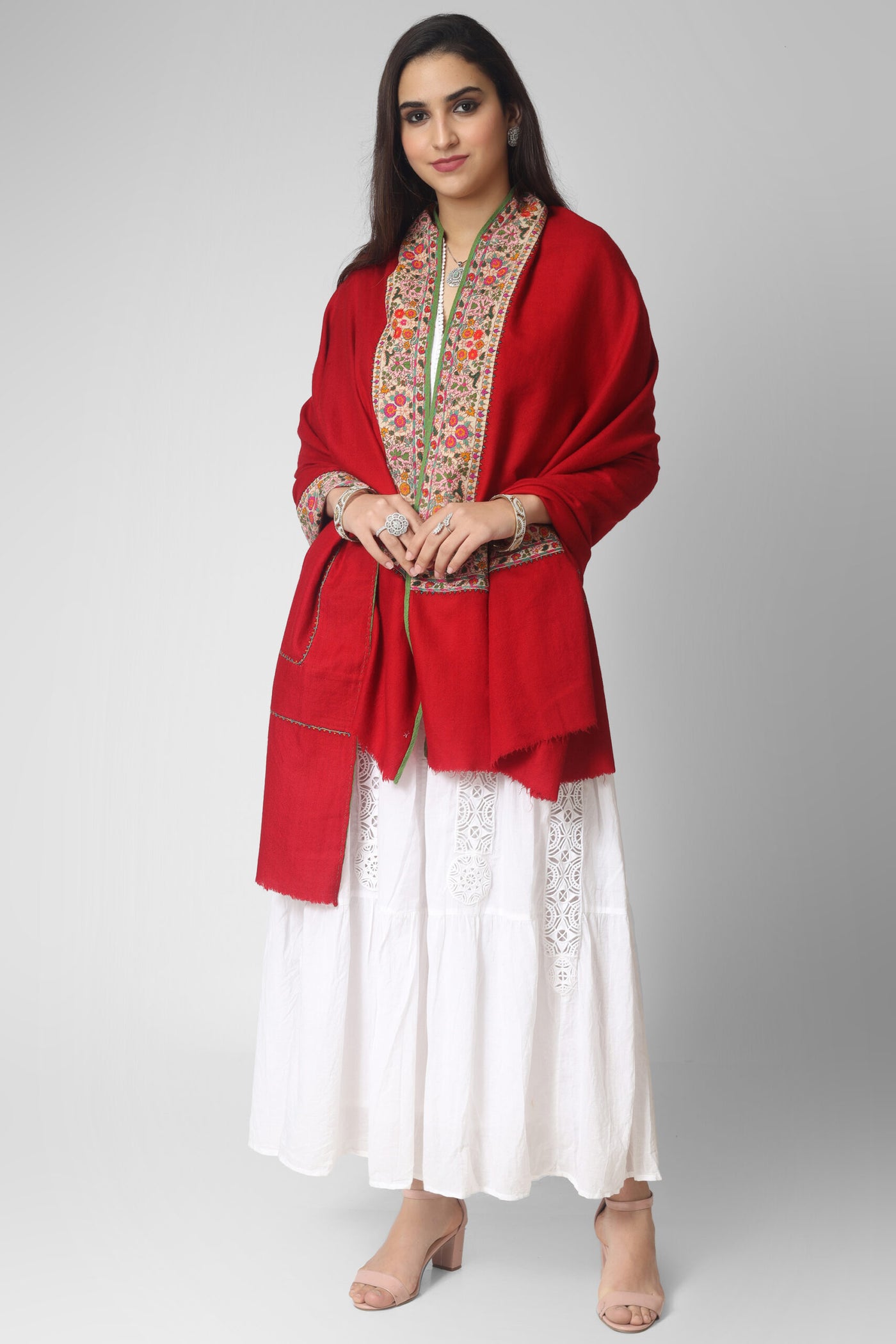 Red Pashmina patchwork dourdaar sozni shawl