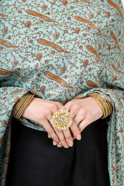 Turquoise Pashmina Jaldaar  silk Embroidered Shawl
