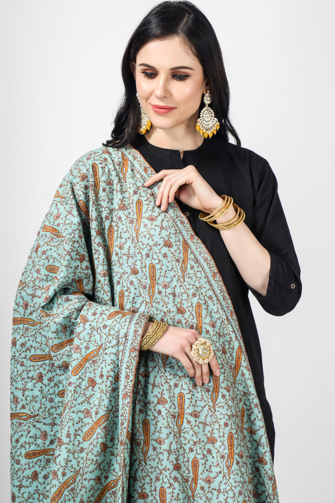 Turquoise Pashmina Jaldaar  silk Embroidered Shawl