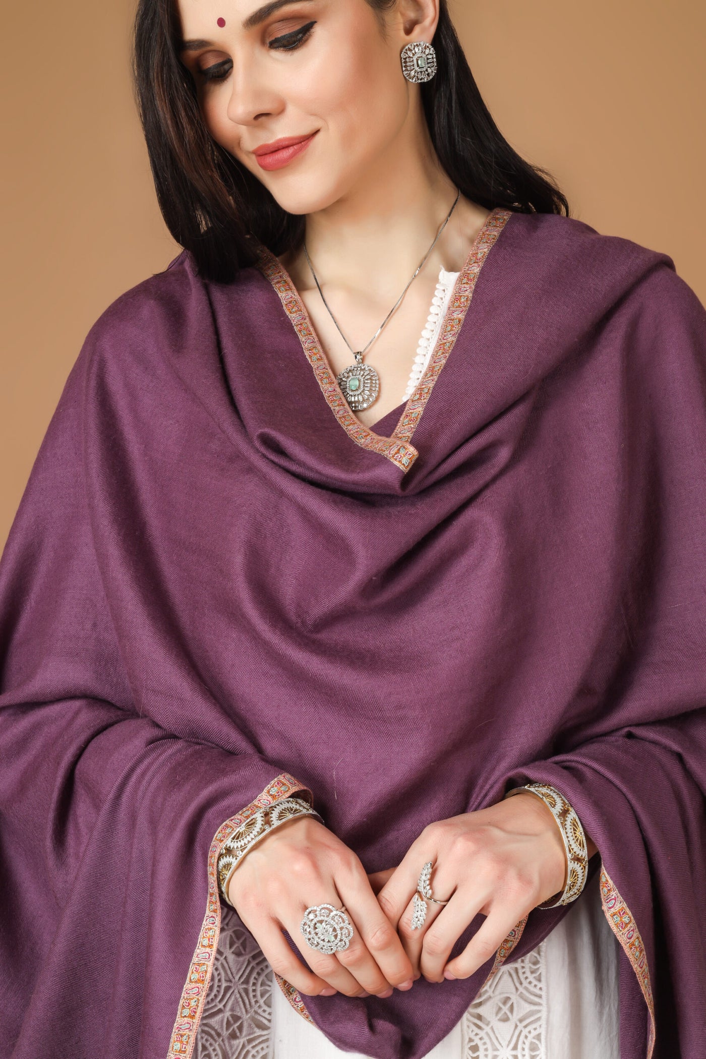 Purple Pashmina hashidaar brown sozni shawl