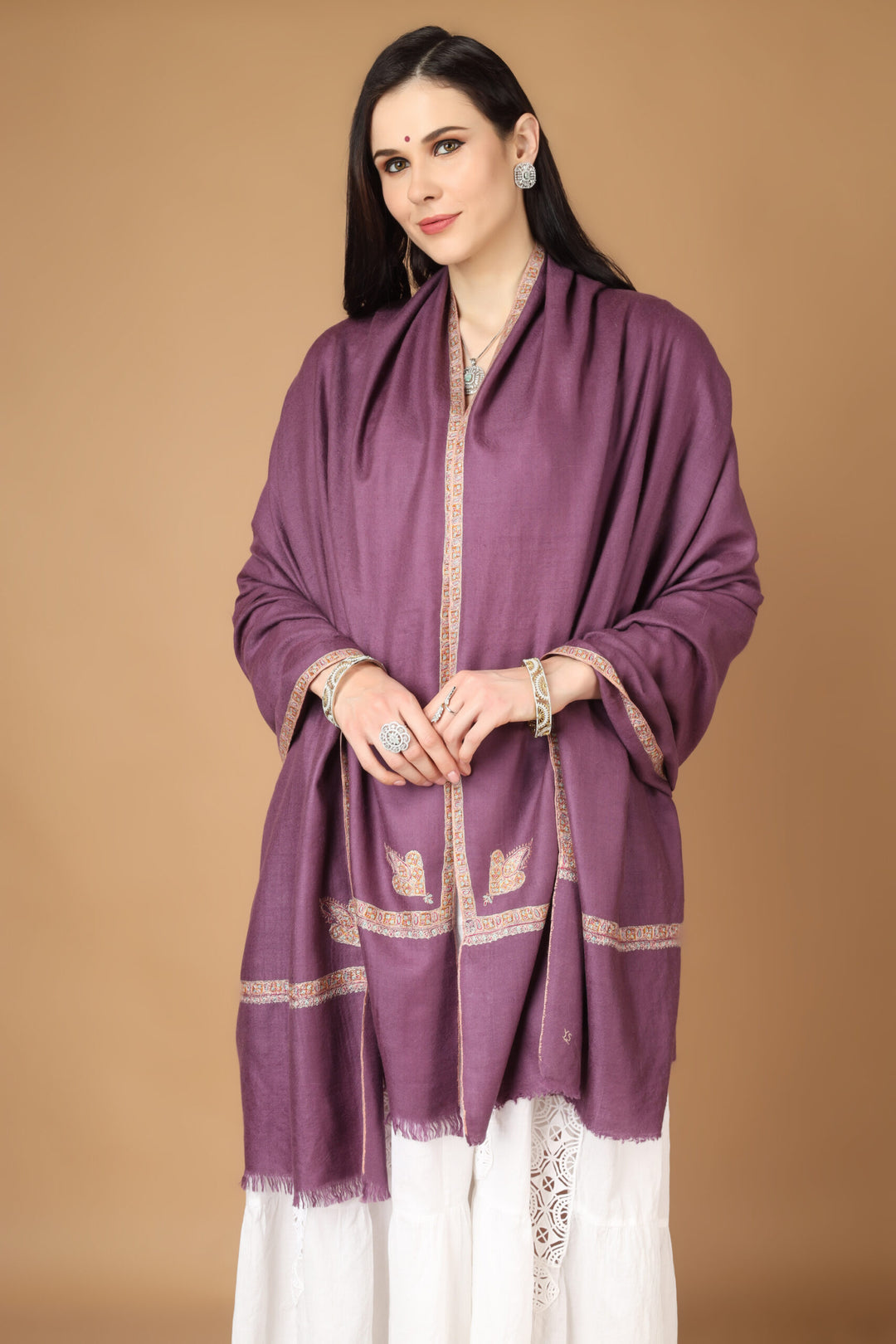 Purple Pashmina hashidaar brown sozni shawl