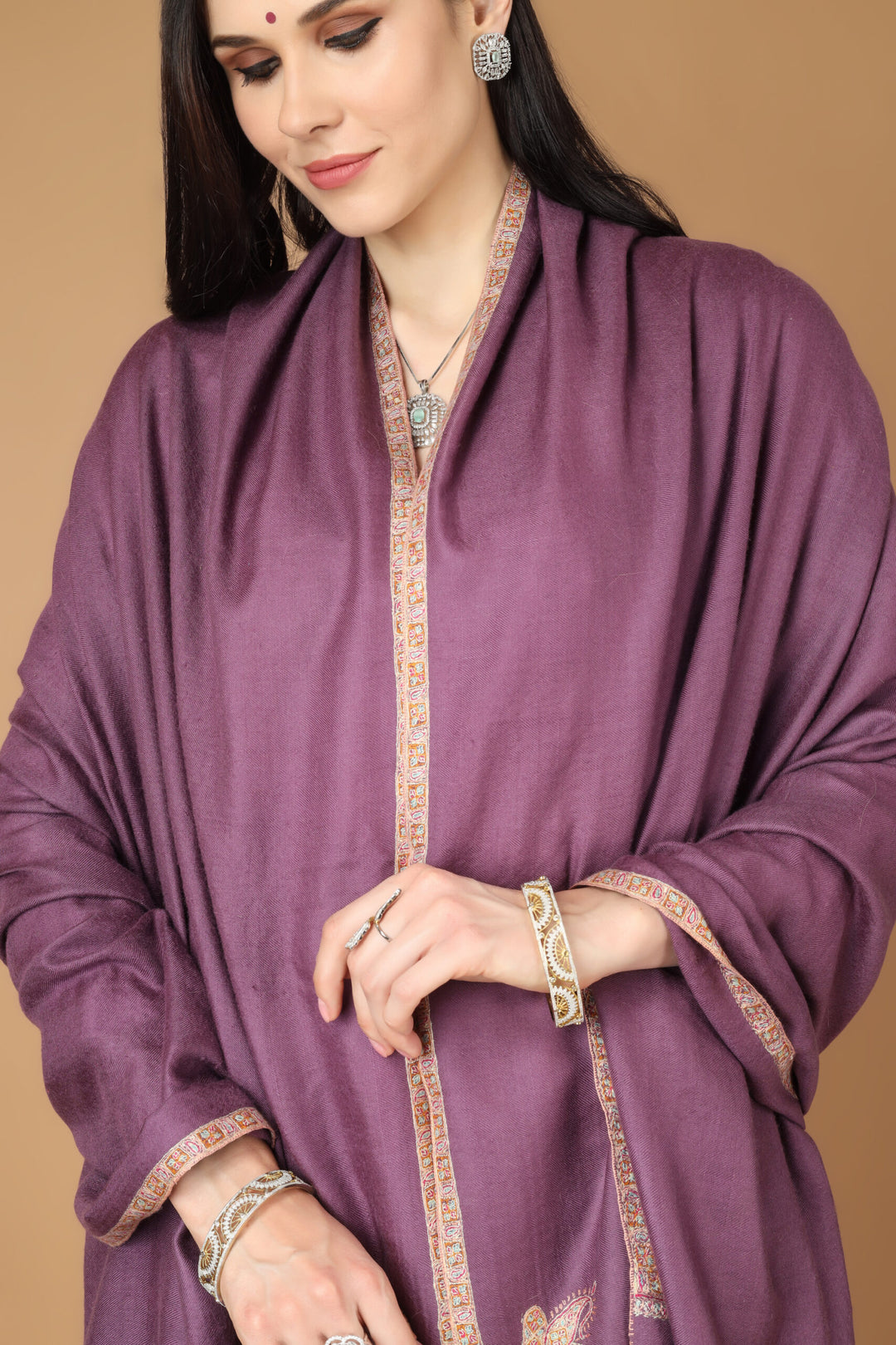 Purple Pashmina hashidaar brown sozni shawl