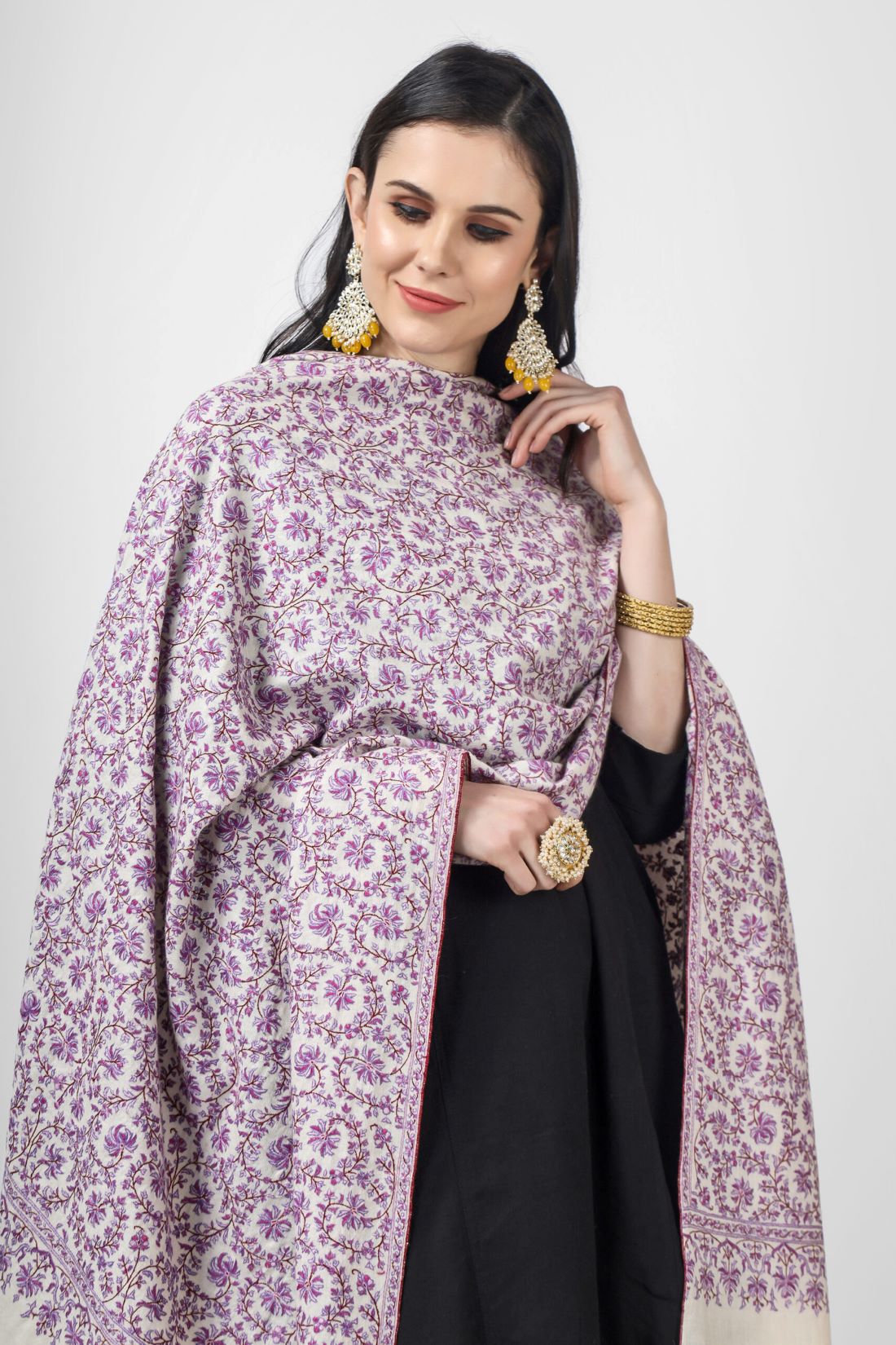 White Pashmina Jaldaar With Purlpe  Embroidered Shawl