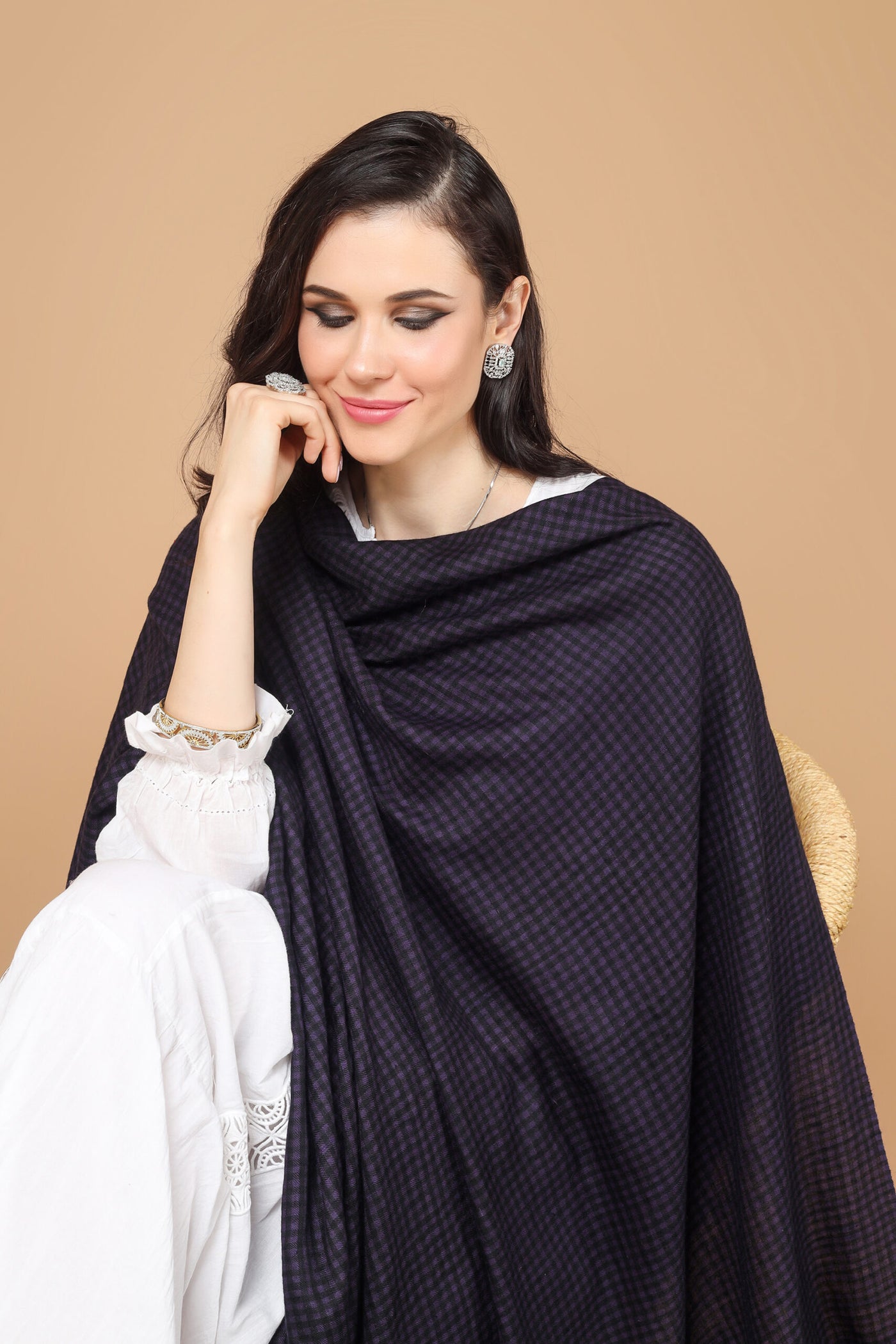Purple and black Pashmina check shawl