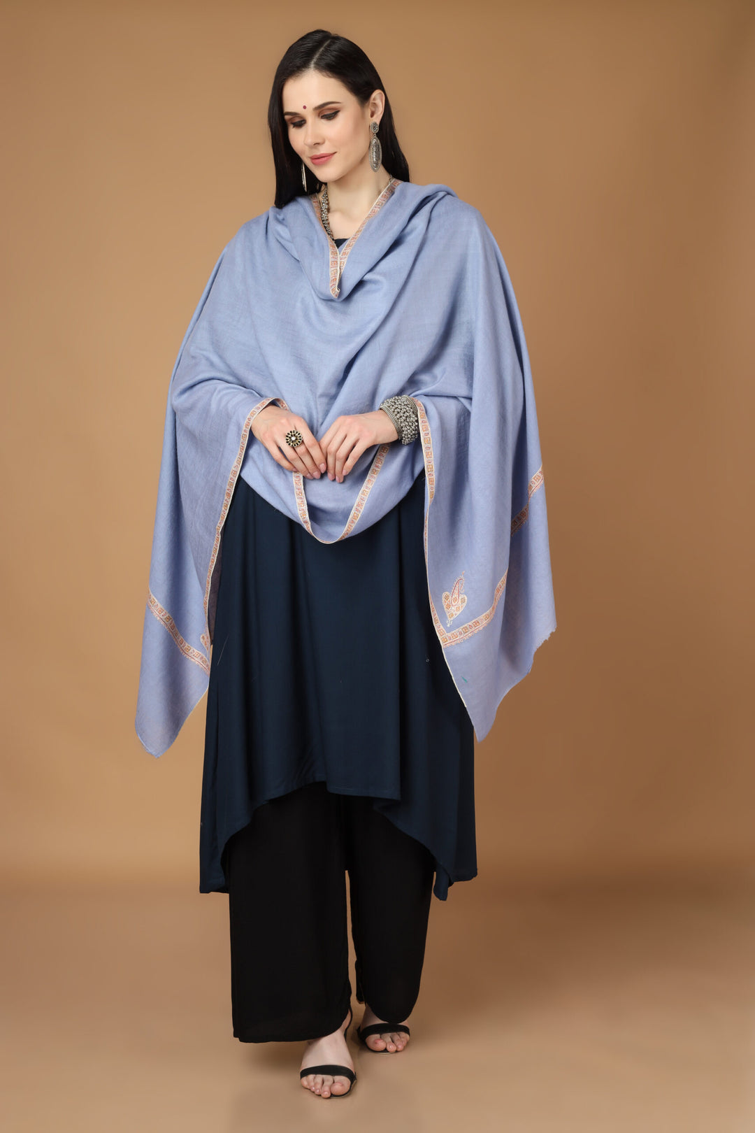 NMACC-MUMBAI - Pashmina shawl light gray with Brown hashidaar sozni shawl