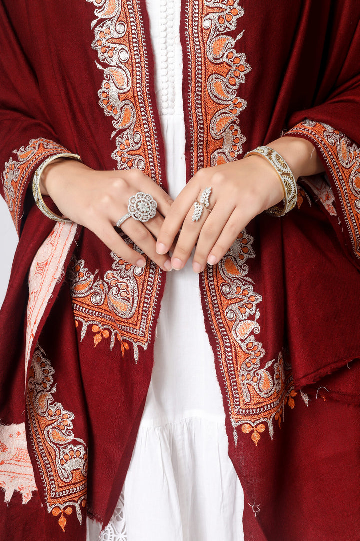 Maroon Pashmina silver orange tilla work Border shawl