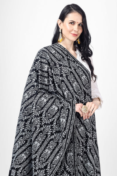 PASHMINA- DELHI -Black Pashmina Mehraab sozni Jama shawl