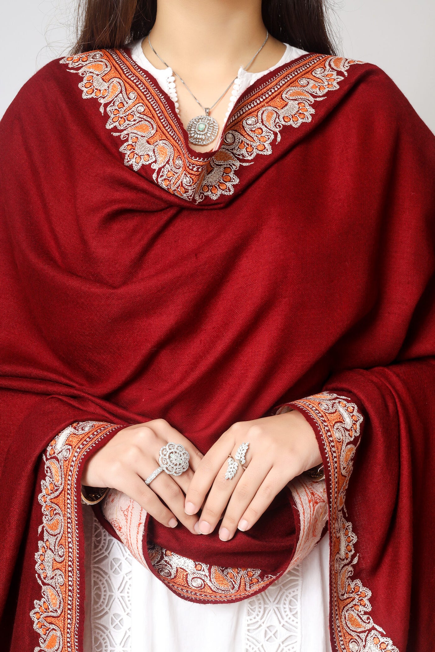Maroon Pashmina silver orange tilla work Border shawl