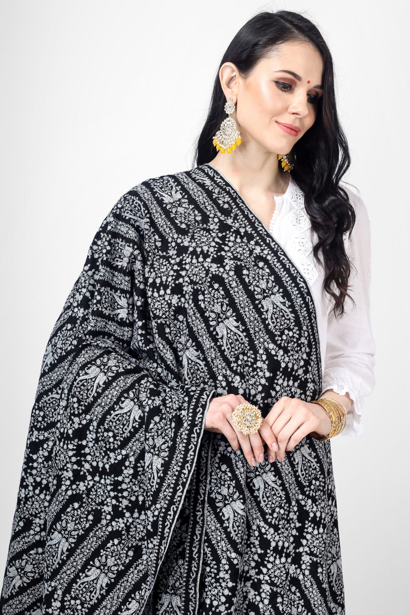 PASHMINA SHAWL ONLINE  -Shop the exquisite Black Pashmina Mehraab Sozni Jama Shawl with intricate embroidery and designs. Hand-embroidered and made from high-quality pashmina wool.