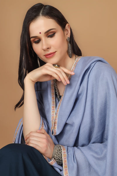 NMACC-MUMBAI - Pashmina shawl light gray with Brown hashidaar sozni shawl