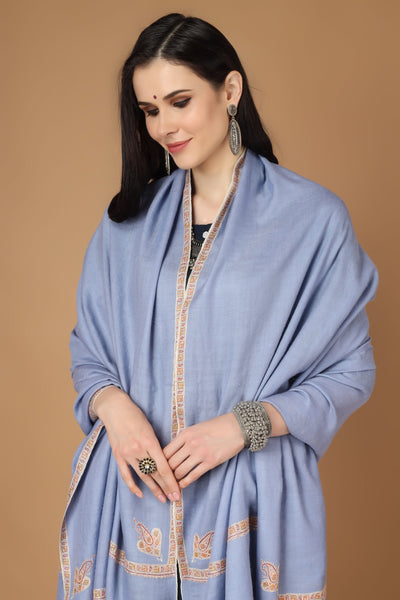 NMACC - Pashmina shawl light gray with Brown hashidaar sozni shawl