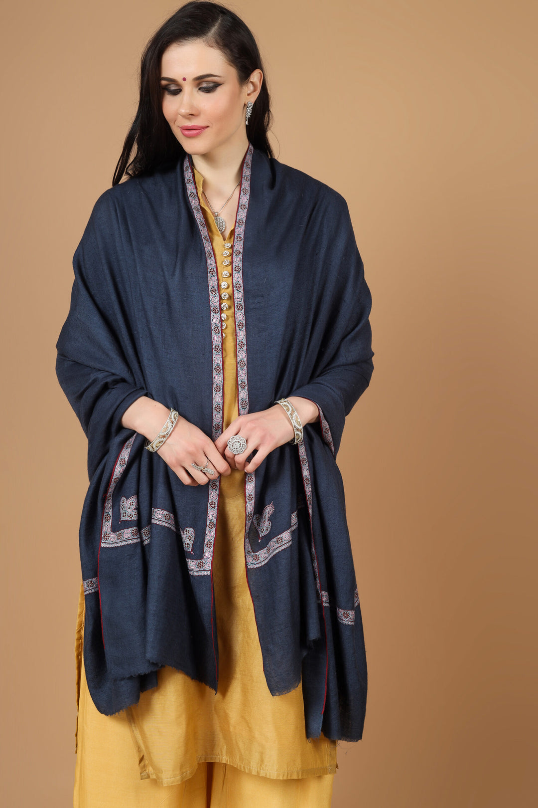 Dark blue Pashmina hashidaar sozni shawl