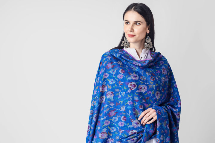 Handmade pure pashmina blue  gulabdaar kani shawl