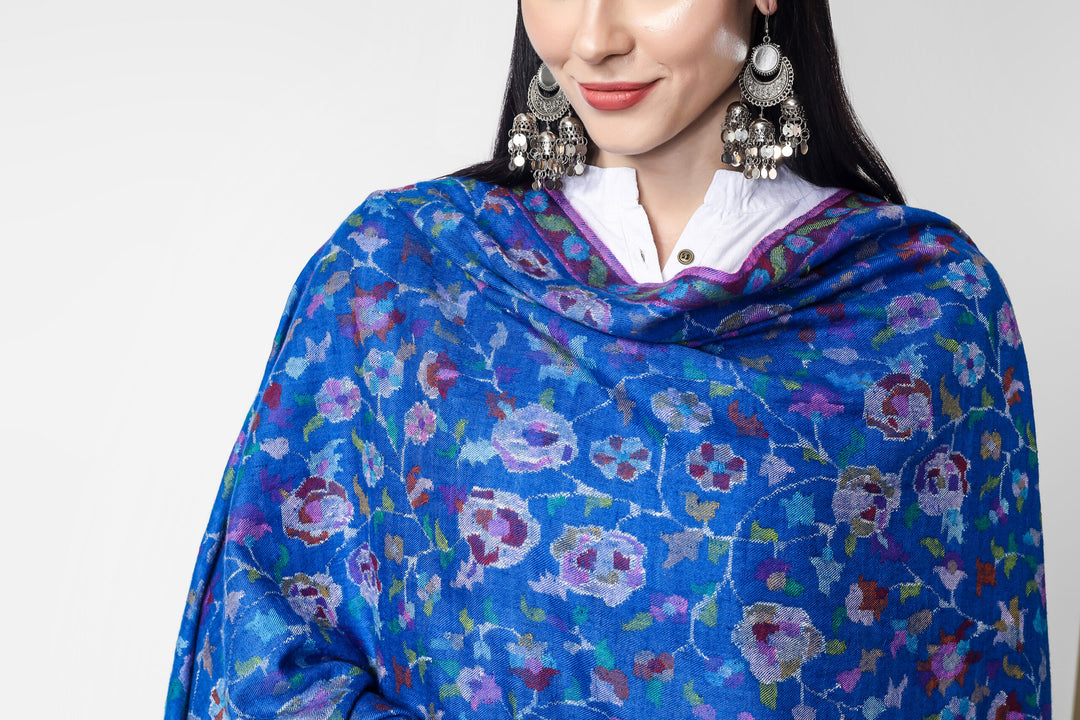 Handmade pure pashmina blue  gulabdaar kani shawl