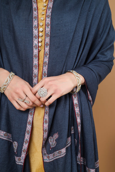 Dark blue Pashmina hashidaar sozni shawl