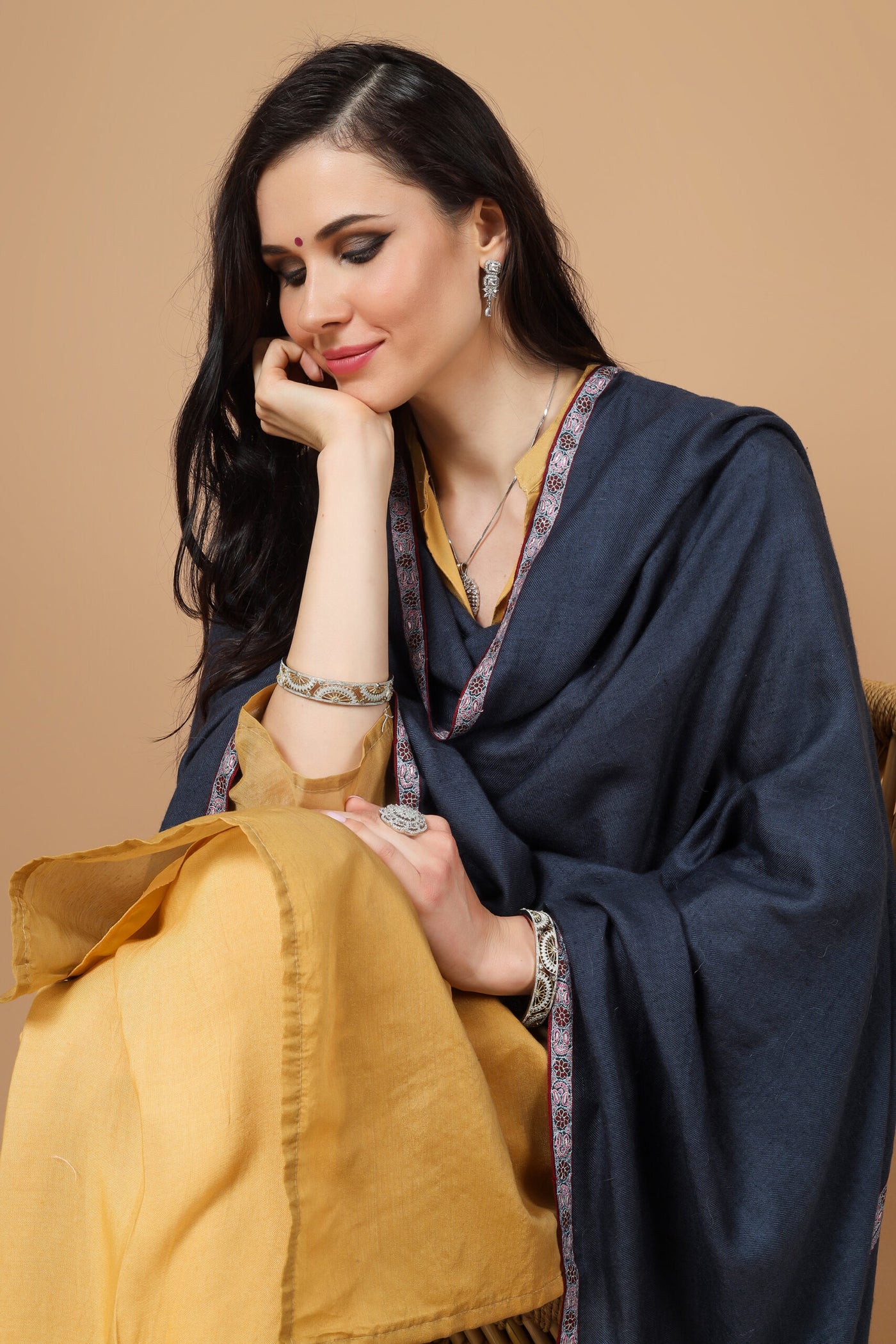 Dark blue Pashmina hashidaar sozni shawl