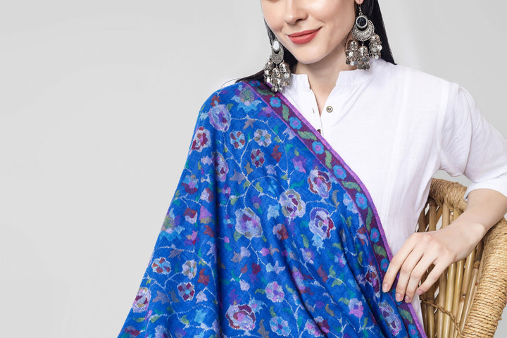 Handmade pure pashmina blue  gulabdaar kani shawl