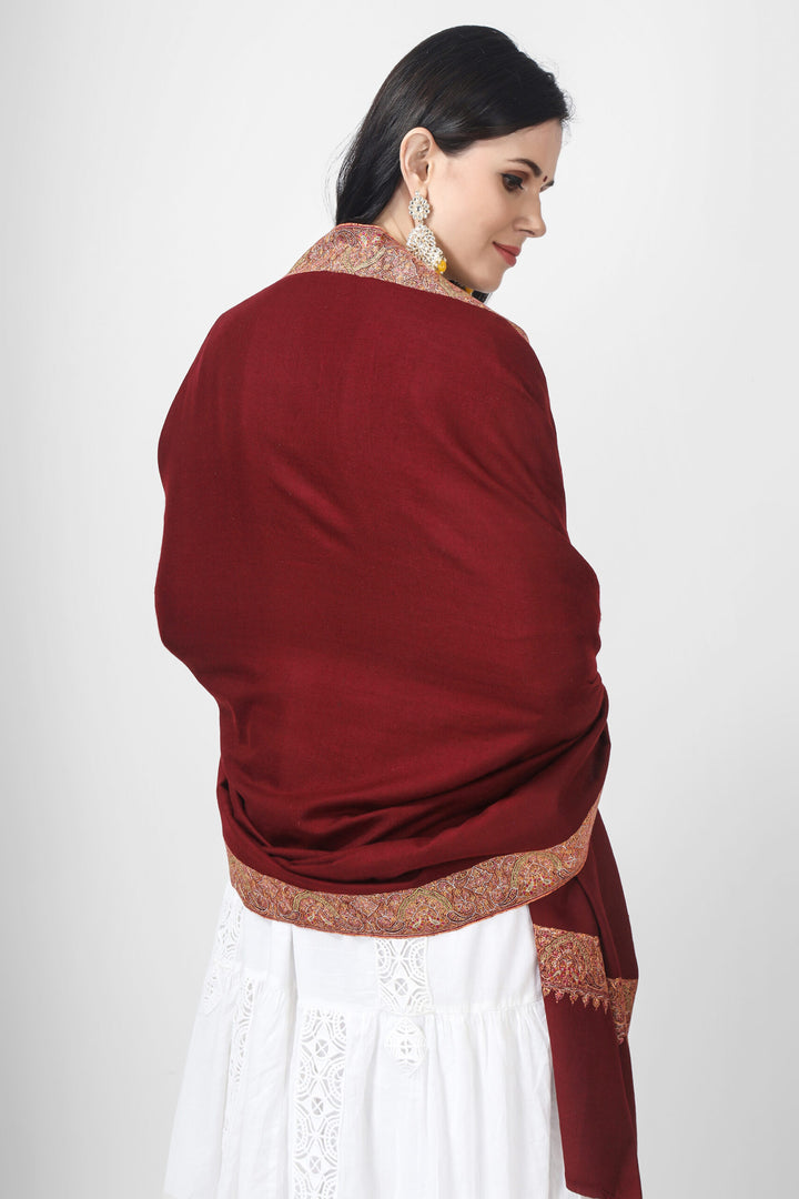 Maroon mehraab Pashmina border sozni shawl