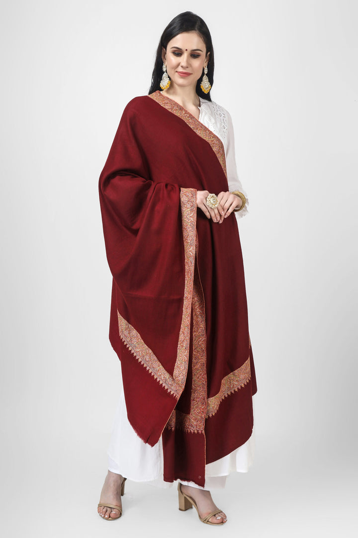 Maroon mehraab Pashmina border sozni shawl