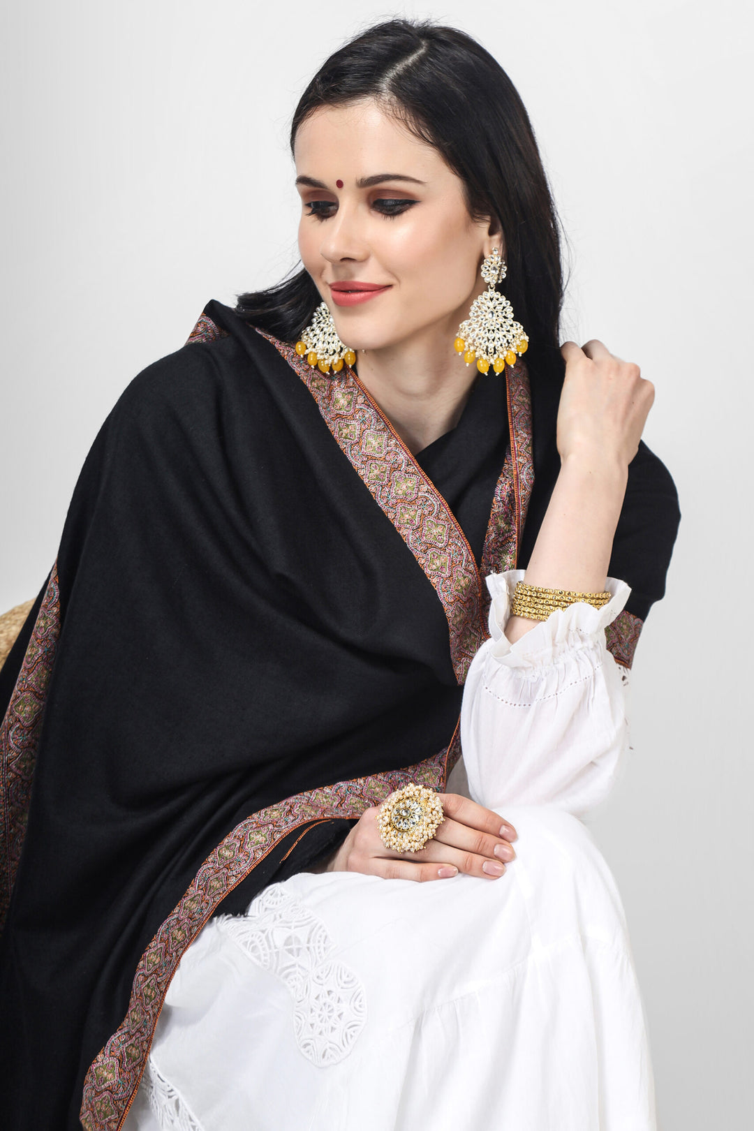 "PASHMINA -SHAWLS - in NEW YORK by - KEPRA PASHMINA SHAWLS"Black Pashmina Behrooz Border sozni shawl