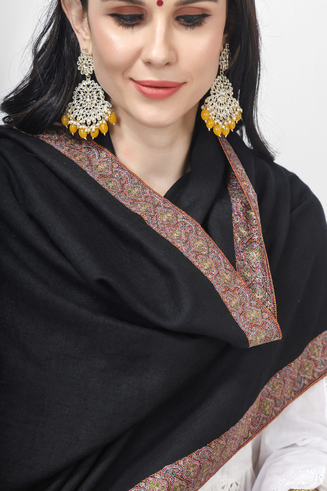 "PASHMINA -SHAWLS - in PARIS by - KEPRA PASHMINA SHAWLS"Black Pashmina Behrooz Border sozni shawl