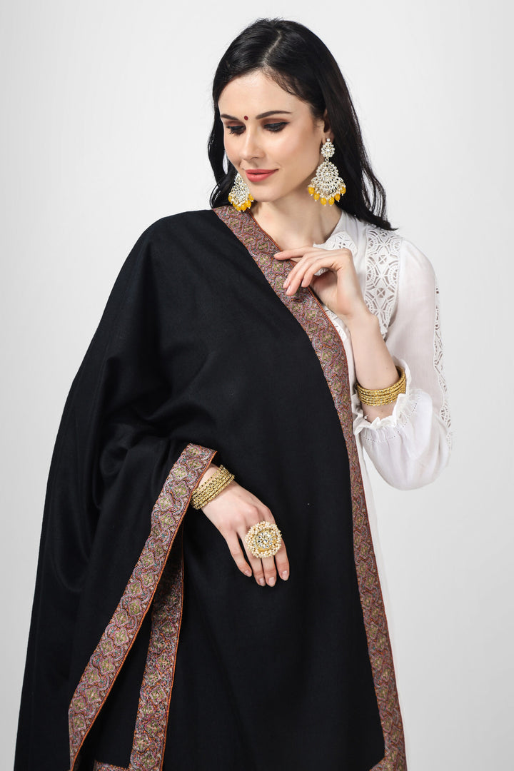 "PASHMINA -SHAWLS - in SYDNEY by - KEPRA PASHMINA SHAWLS"Black Pashmina Behrooz Border sozni shawl