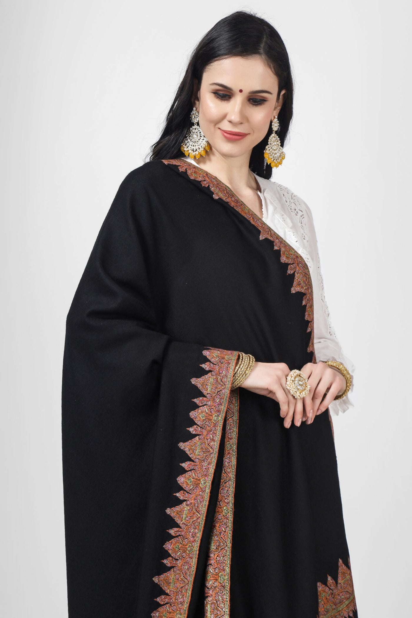 PASHMINA SHAWL - Black  Ali design Pashmina Border sozni shawl