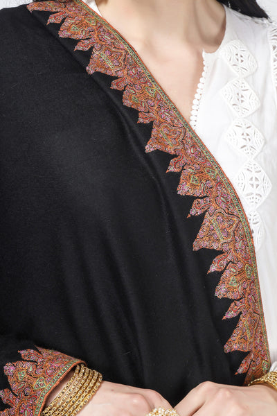 PASHMINA - Black  Ali design Pashmina Border sozni shawl