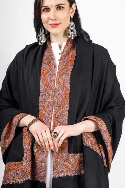 Black Pashmina  big badamkaar dourdaar sozni shawl