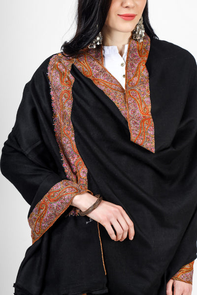 Black Pashmina  big badamkaar dourdaar sozni shawl