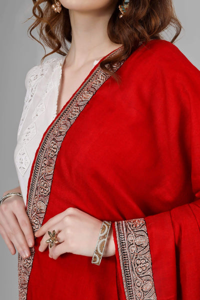 Red Pashmina silver  tilla work border  shawl