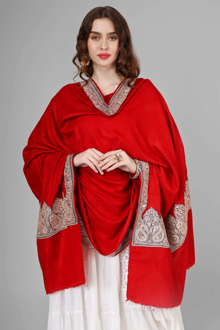 Red Pashmina silver  tilla work border  shawl