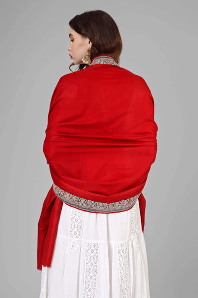 Red Pashmina silver  tilla work border  shawl