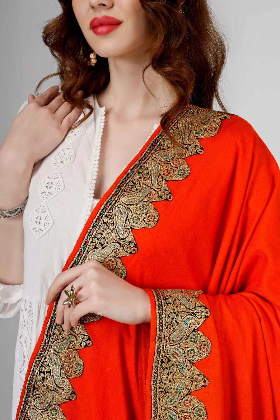 Orange black Pashmina golden tilla border shawl