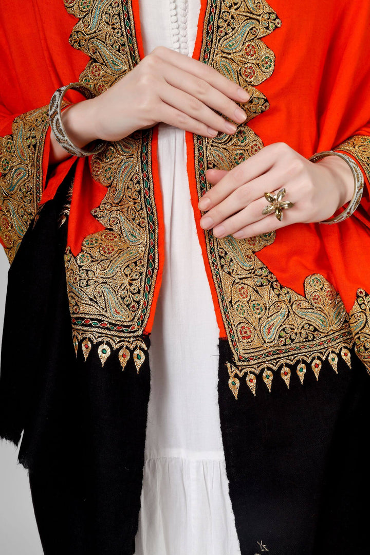 Orange black Pashmina golden tilla border shawl