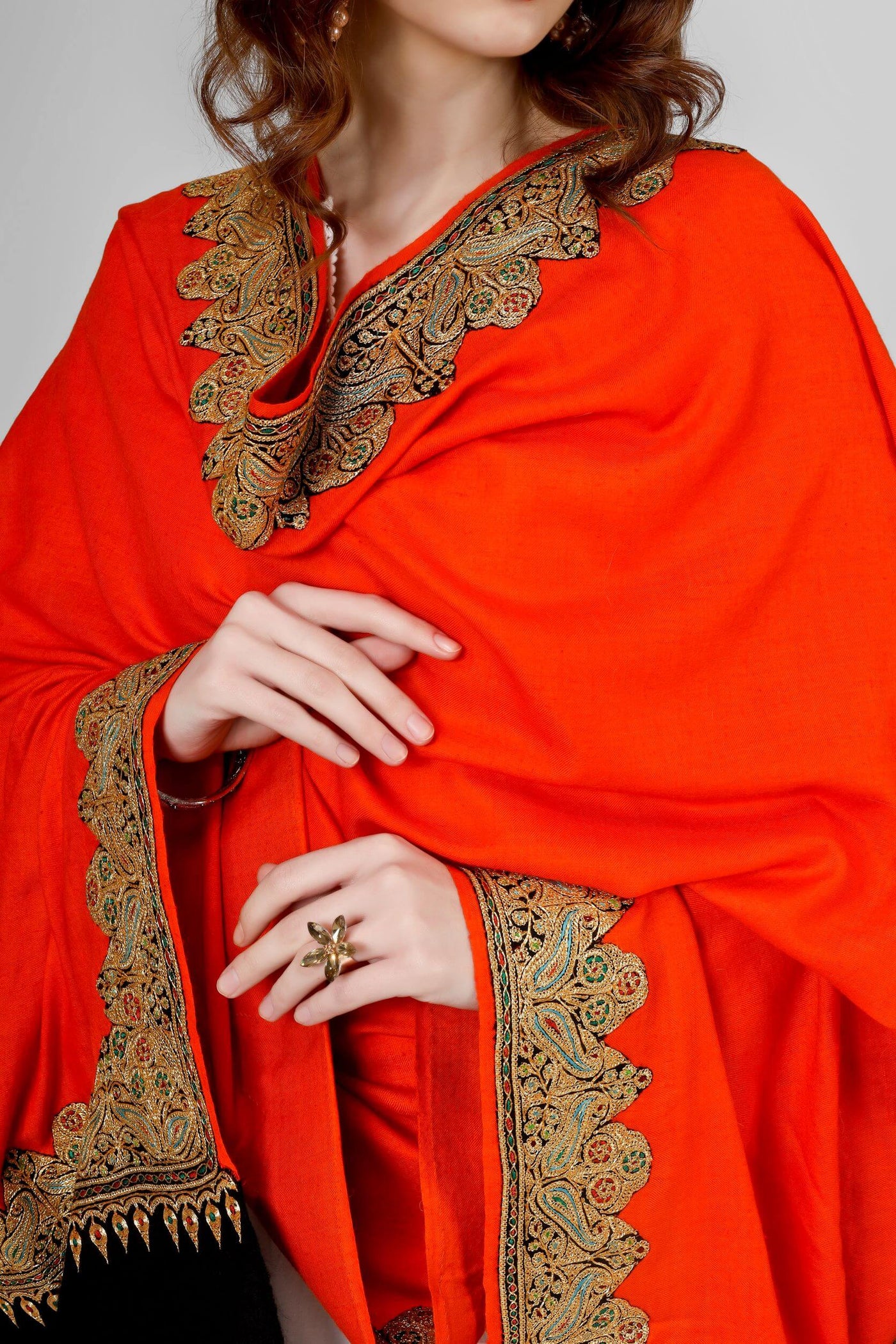 Orange black Pashmina golden tilla border shawl